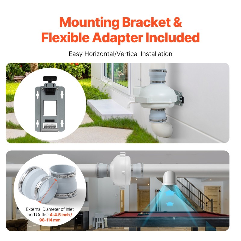 Radonpoistopuhaltimen asennussarja 98–114 mm liitännöille hiljainen 260 CFM ilmavirta ABS-runko kaksi liitintä