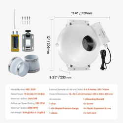Radonpoistopuhaltimen asennussarja 98–114 mm liitännöille hiljainen 260 CFM ilmavirta ABS-runko kaksi liitintä