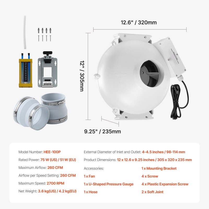 Radonpoistopuhaltimen asennussarja 98–114 mm liitännöille hiljainen 260 CFM ilmavirta ABS-runko kaksi liitintä