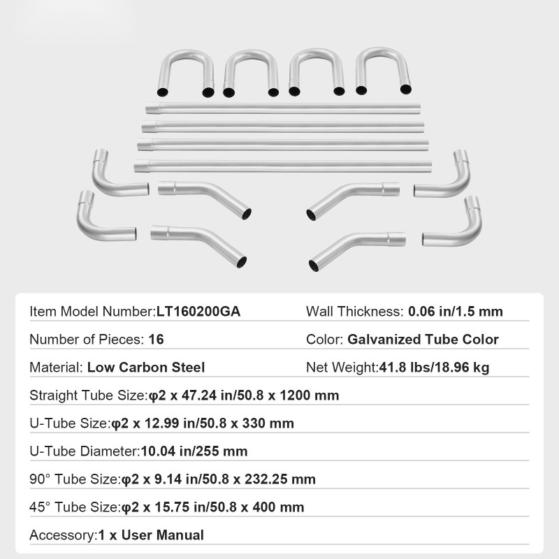 Pakoputkisarja 16-osainen korroosionkestävä sinkitty teräs suurihalkaisijaiset putket liukuvilla liitoksilla