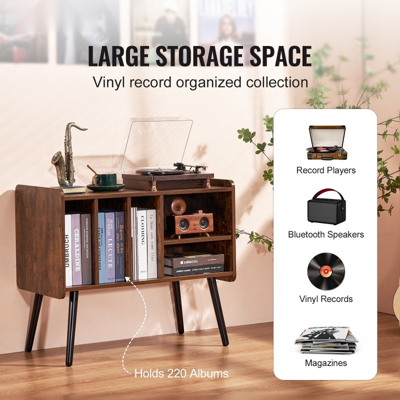 Levysoitinjalusta lastulevy ja mäntypuiset jalat tilaa 220 vinyylilevyä säädettävät hyllyt ruskea