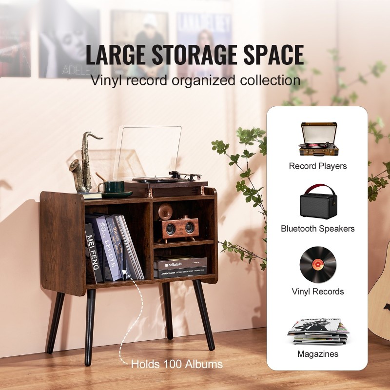 Levysoitinpöytä lastulevy mäntyjalat ruskea tilaa 100 levyä säädettävät hyllyt