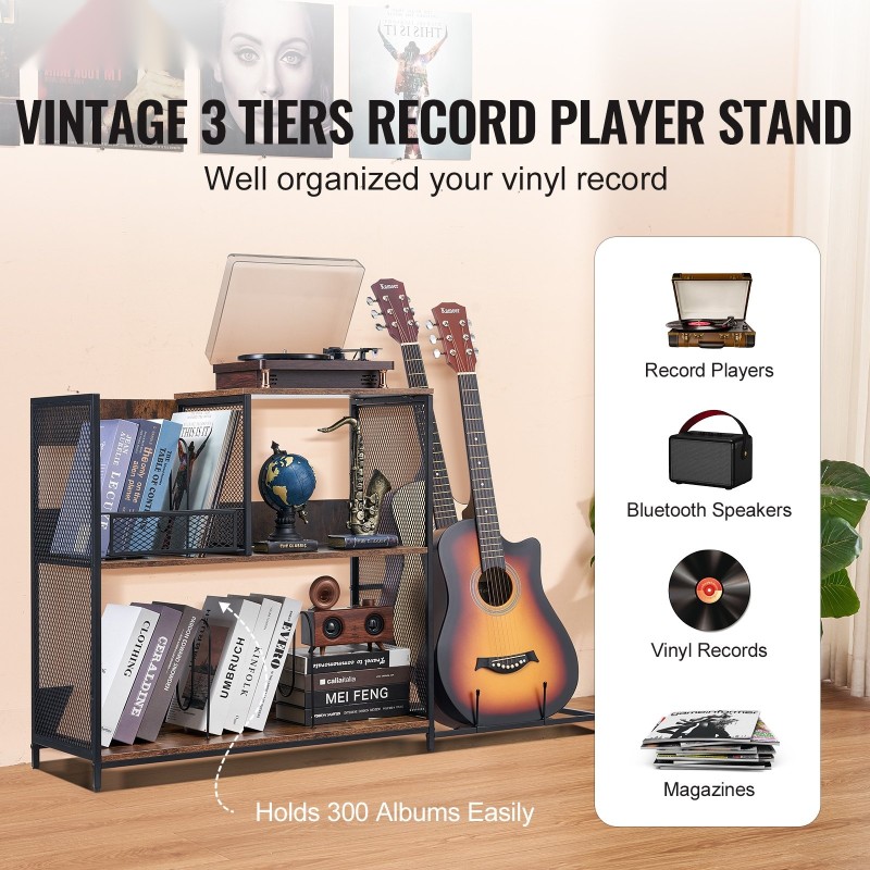 Levysoitintaso kolmitasoinen teräsrungolla kolmesataa vinyylilevyä kahden kitaran teline