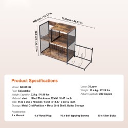 Levysoitintaso kolmitasoinen teräsrungolla kolmesataa vinyylilevyä kahden kitaran teline