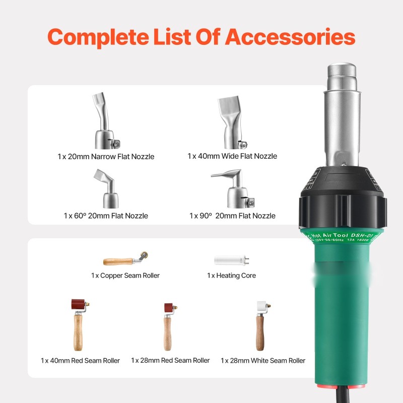 Kuumailmamuovihitsauslaite teho 1600W lämpöalue 50–600°C 4 suutinta 4 saumantelaa PP PE PVC