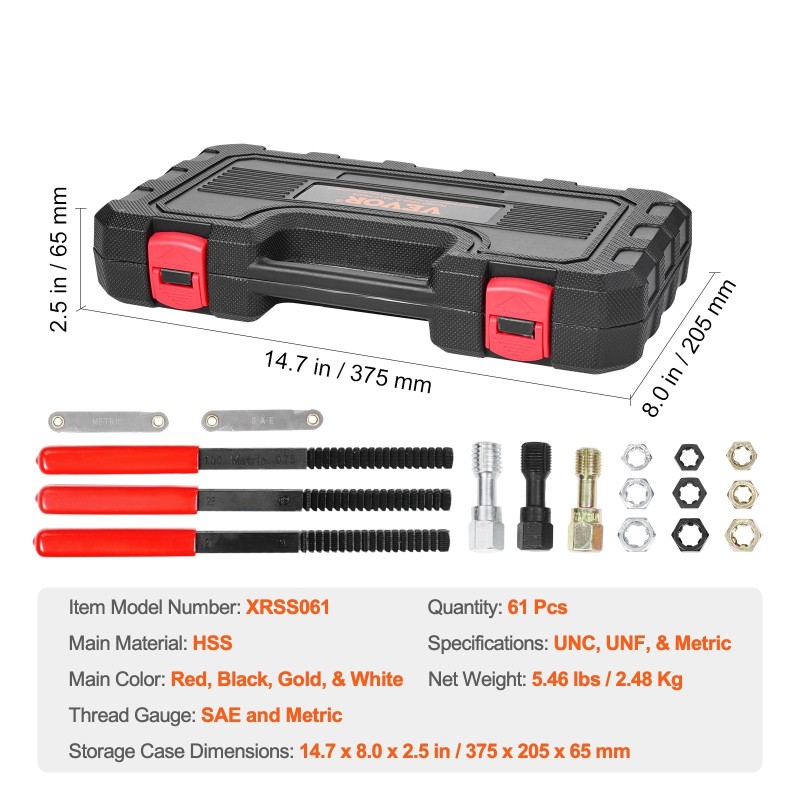 Kierteen korjaussarja HSS-nopeusteräs 61 osaa UNC UNF metrinen säilytyslaatikolla