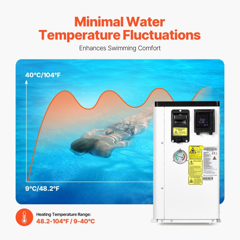 Sähkökäyttöinen allaslämpöpumppu 1,48–7,11 kW 15–30 m³ altaisiin hiiliteräsrunkoinen lämmitys ja jäähdytys