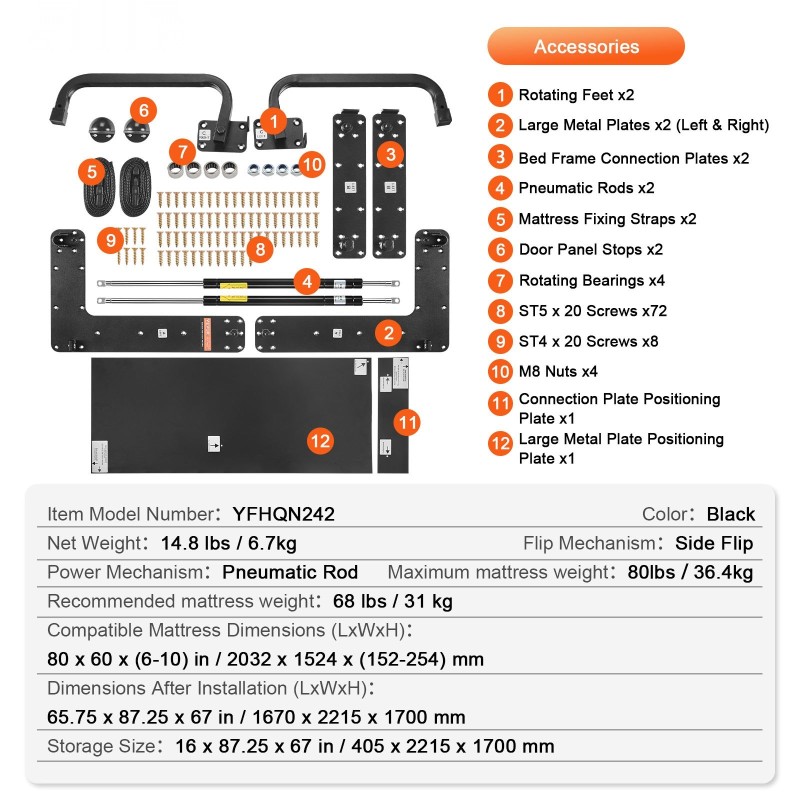 Seinäsängyn asennussarja 203x152 cm patjalle kaasujousilla ja teräsrungolla