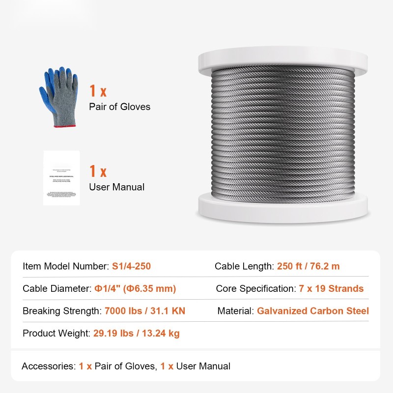 Sinkitty hiiliteräsvaijeri 6,35 mm 76,2 m murtolujuus 31,1 kN käsineillä ulkokäyttöön