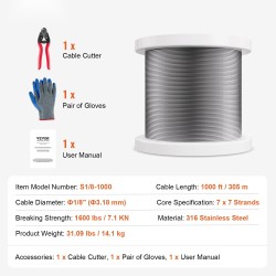 316 ruostumaton teräsvaijeri 3,18 mm 305 m 7x7 sisältää leikkurin ja käsineet
