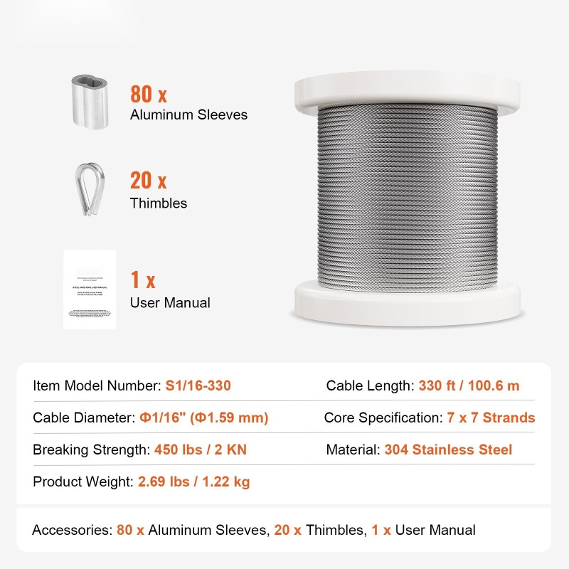Vaijerisarja 304 ruostumatonta terästä 1,59 mm 100,6 m 80 holkkia 20 köysisilmää
