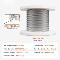 Ruostumattoman teräksen vaijerisarja 3,18 mm 30,5 m 7x7 124 tarviketta kaiteisiin