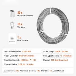 Teräsvaijeri 316-ruostumaton 3,18mm 30,5m 7x7 20 holkkia 10 kaapelilenkkiä 7,1kN