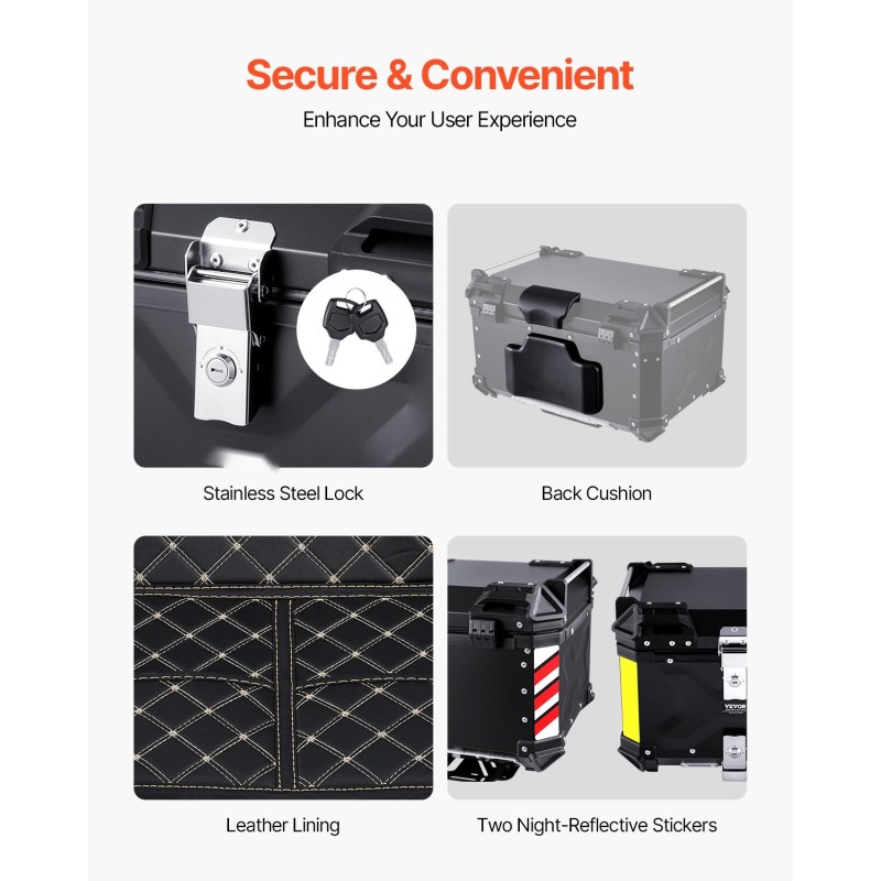 Moottoripyörän takaboksi alumiiniseos 65 l lukittava irrotettava nahkavuori selkänoja