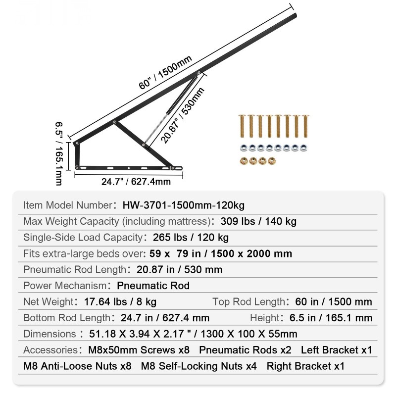 Sängynnostosarja teräs leveys 149,9 cm pituus 200,7 cm kaasujousilla 140 kg