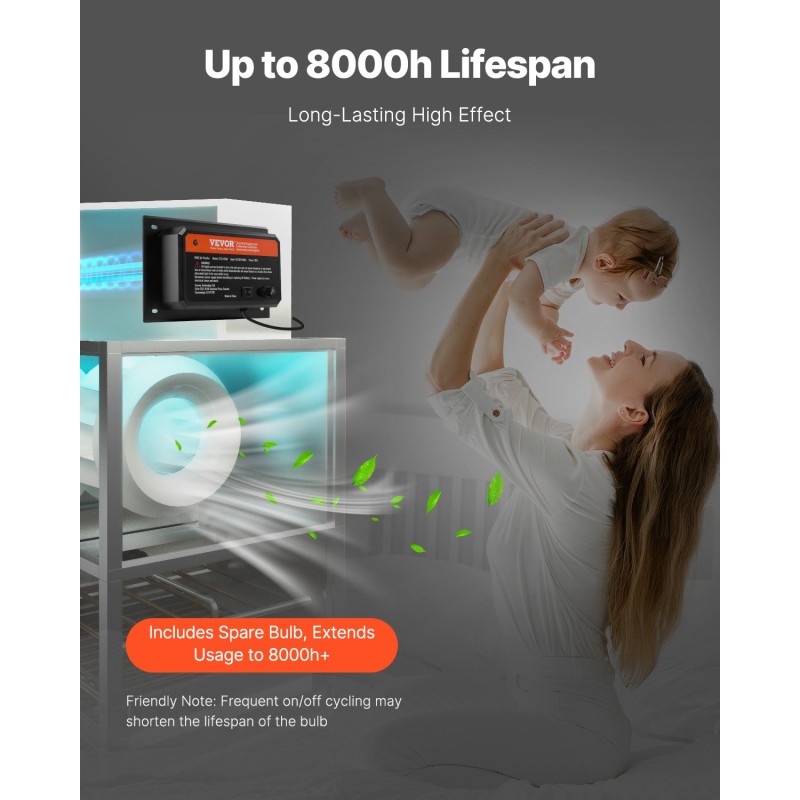 Kanavaan asennettava UV-C-ilmanpuhdistin 36 W PC-runkoinen 411 mm mukana varalamppu