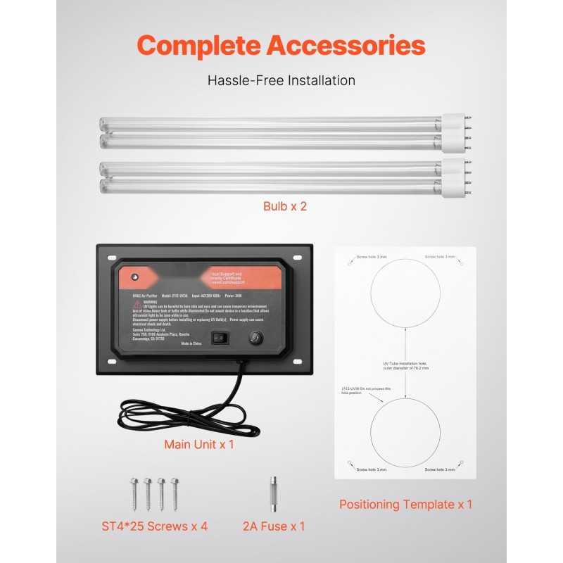 Kanavaan asennettava UV-C-ilmanpuhdistin 36 W PC-runkoinen 411 mm mukana varalamppu