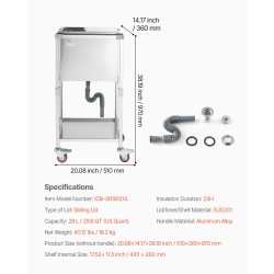 Ruostumaton teräksinen kylmävaunu 28 l liukukannella alahyllyllä pyörillä ulkokäyttöön