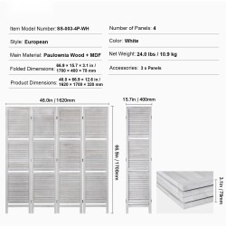 Tilanjakaja 4 paneelia paulowniapuuta 170 senttimetriä korkea valkoinen