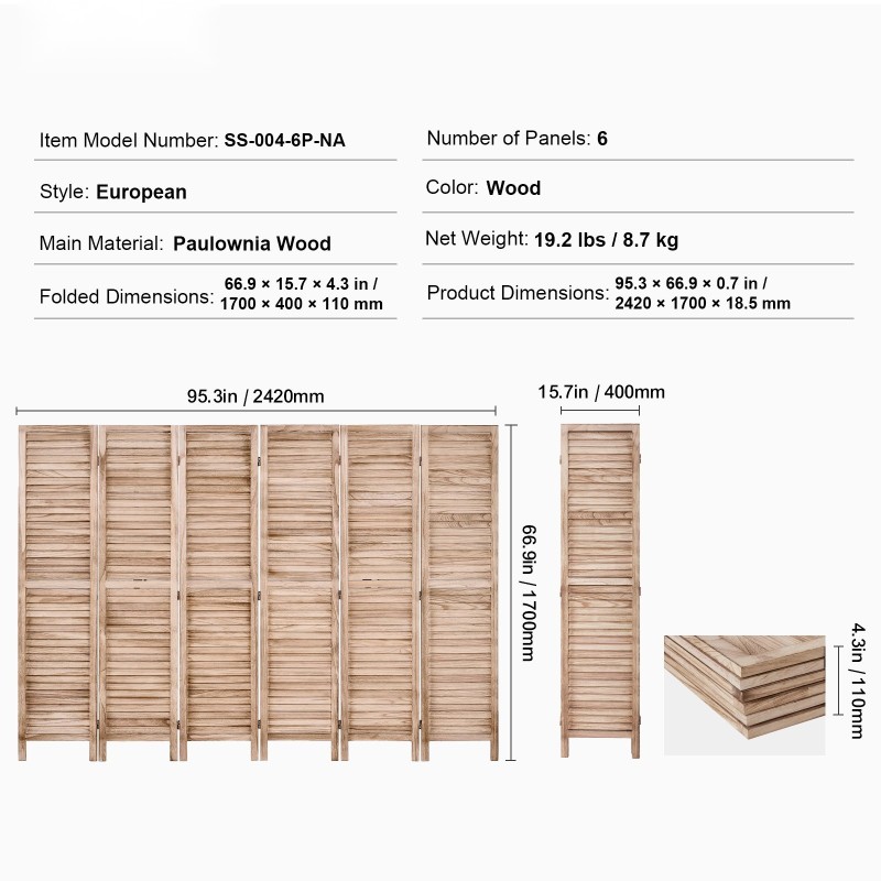 Tilanjakaja keisaripuusta 6-paneelinen taittuva korkeus 170 cm näkösuojaksi