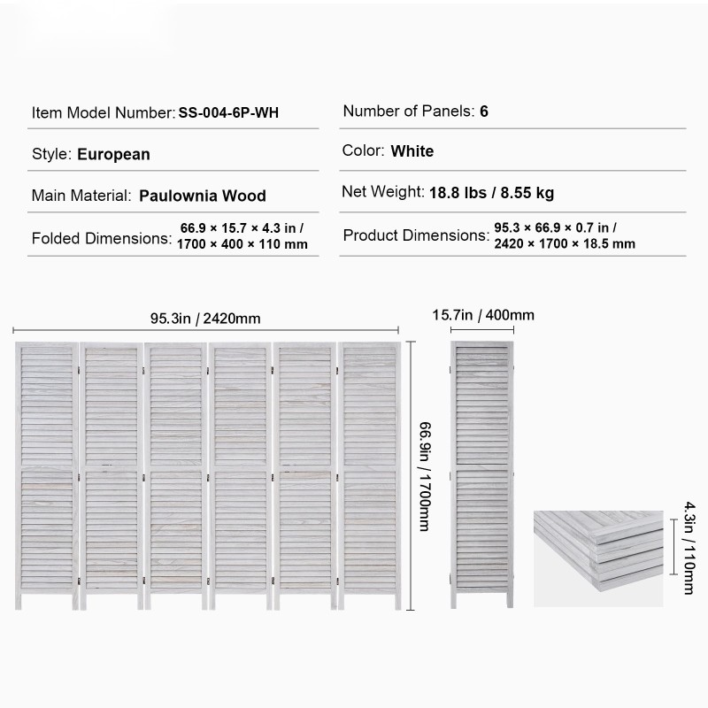 Puinen huoneenjakaja keisaripuusta 6 taittuvaa paneelia korkeus 1700 mm sisäkäyttöön