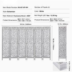 Puinen taitettava tilanjakaja kuudella paneelilla paulownia ja MDF 170 cm sisätiloihin