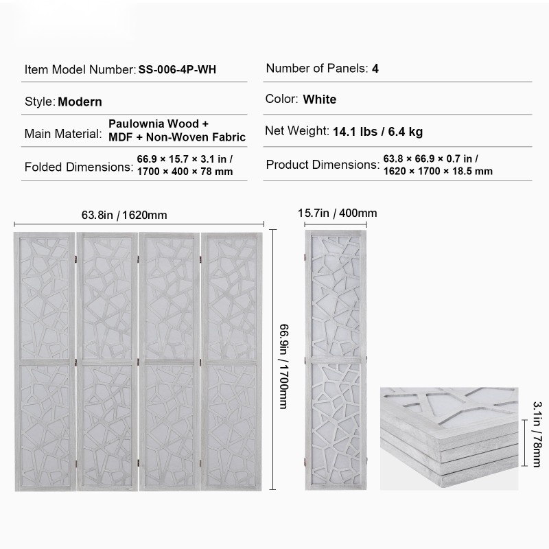 Puinen tilanjakaja paulownia-puuta 4 paneelia 1700 mm valkoinen sisäkäyttöön