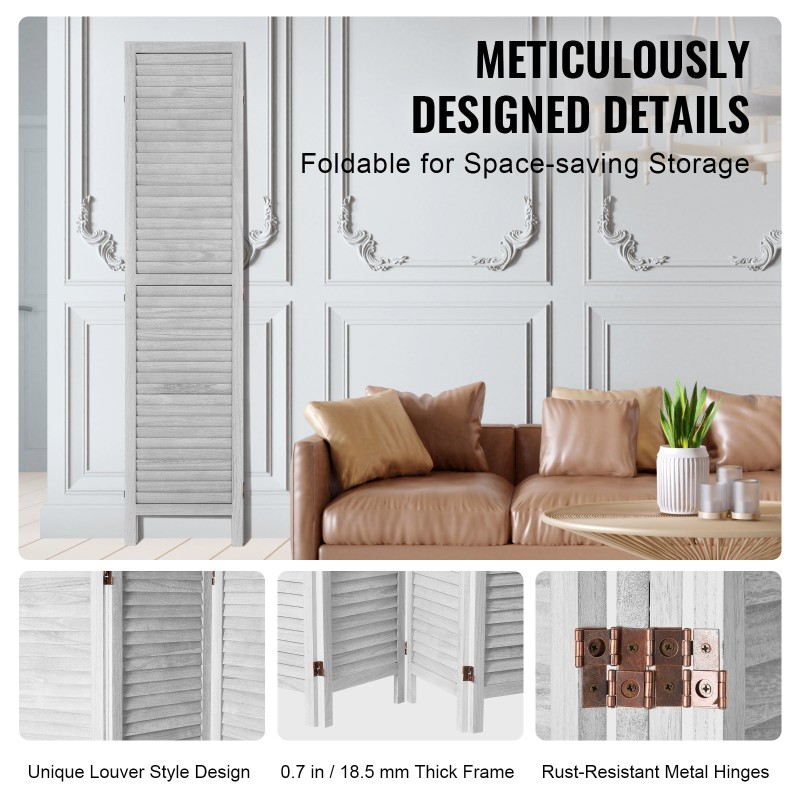 Huoneenjakaja 4-paneelinen keisaripuinen vaaleanharmaa taittuva 170 cm korkea