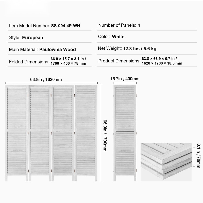 Huoneenjakaja 4-paneelinen keisaripuinen vaaleanharmaa taittuva 170 cm korkea