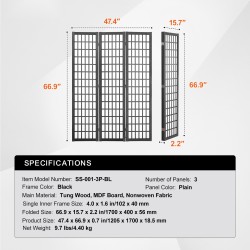 Tilanjakaja 3-paneelinen japanilaistyylinen massiivipuinen runko musta avattuna 1205 x 1700 mm