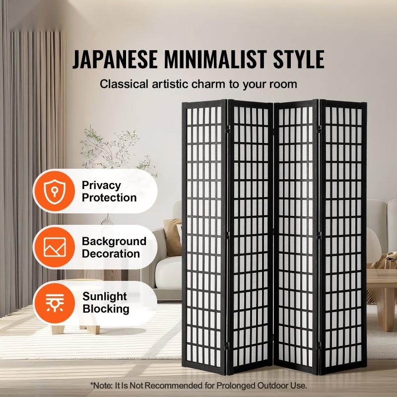 Tilanjakaja 4 paneelinen japanilaistyylinen massiivipuu kuitukangas musta runko