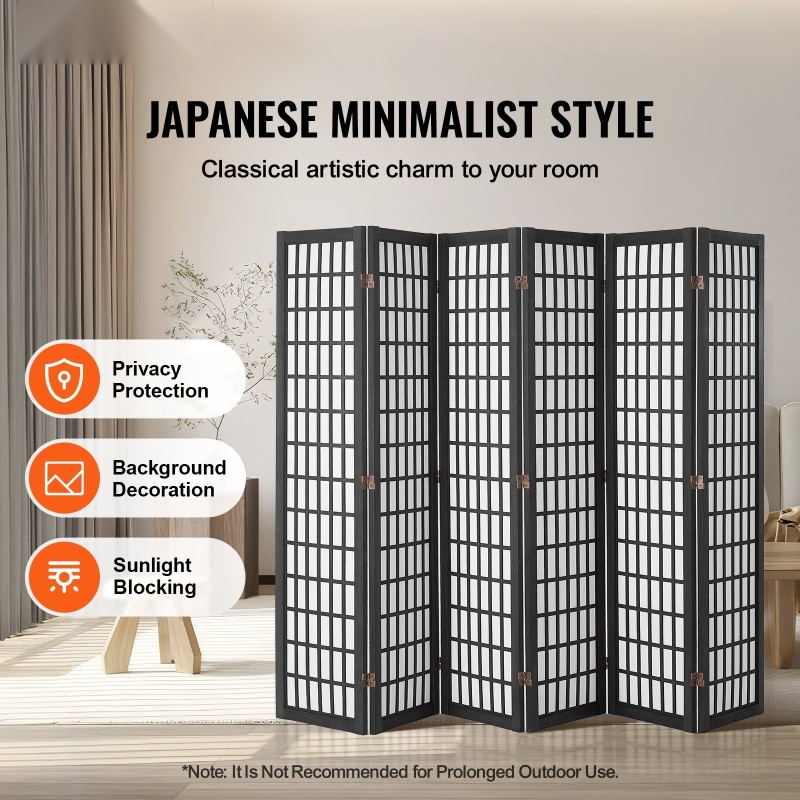 Tilanjakaja 6-paneelinen japanilaistyylinen taitettava paulownia runko musta kuitukangas sisäkäyttöön