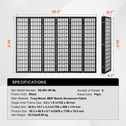 Tilanjakaja 6-paneelinen japanilaistyylinen taitettava paulownia runko musta kuitukangas sisäkäyttöön