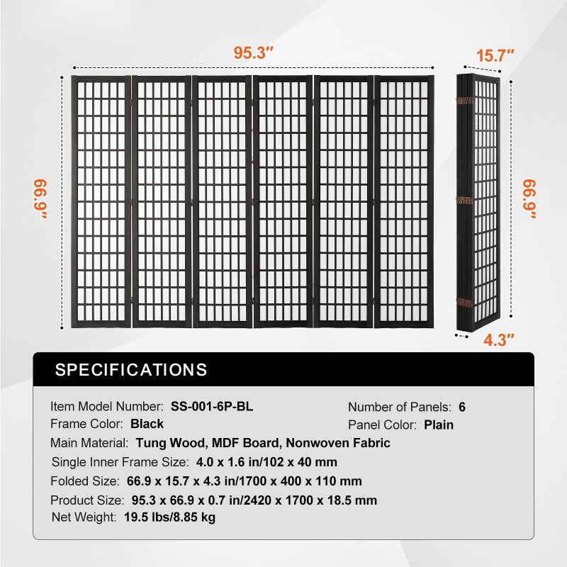 Tilanjakaja 6-paneelinen japanilaistyylinen taitettava paulownia runko musta kuitukangas sisäkäyttöön