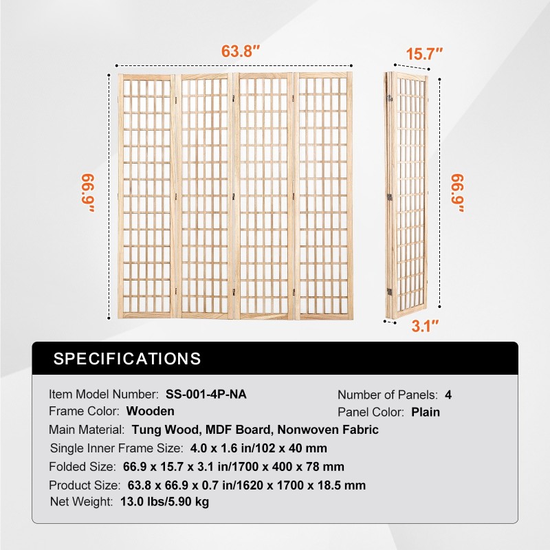Tilanjakaja 4-paneelinen japanilaistyylinen taittuva paulownia-puusta ja ei-kudotusta kankaasta