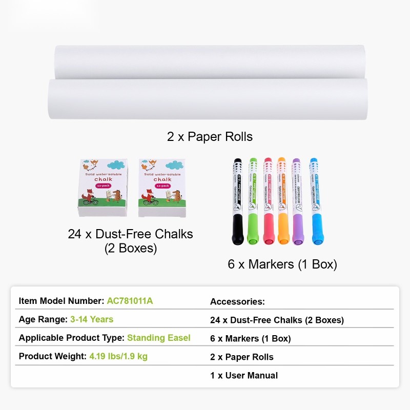Seisovan piirustustelineen tarvikesetti 32 osaa 24 liitua 6 tussia 2 paperirullaa