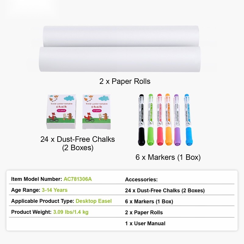Maalaustelineen tarvikesarja 32 osaa 24 pölytöntä liitua 6 taulutussia 2 paperirullaa