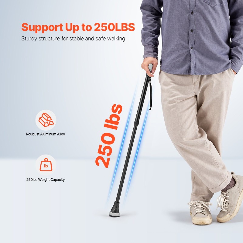 Alumiininen taittuva kävelykeppi kahdeksanportaisella korkeussäädöllä luistamattomalla kumikärjellä 113 kg kantokyky