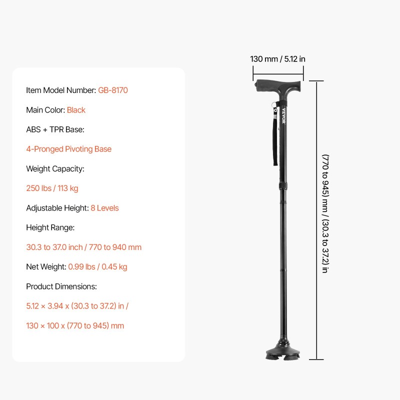 Taittuva kevyt alumiinirunkoinen kävelykeppi neljähaarainen kääntyvä jalusta kahdeksanportainen korkeussäätö enimmäiskuormitus