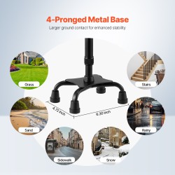 Kävelykeppi alumiinirunko 10-portainen korkeussäätö nelikärkinen jalusta 113 kg kantavuus