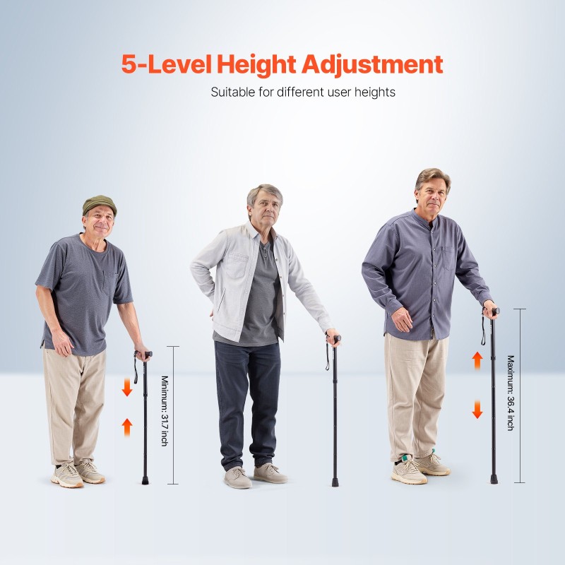 Kävelykeppi kokoontaitettava alumiinirunko viisiportainen korkeussäätö liukuestokumipää sata kiloa musta kevyt