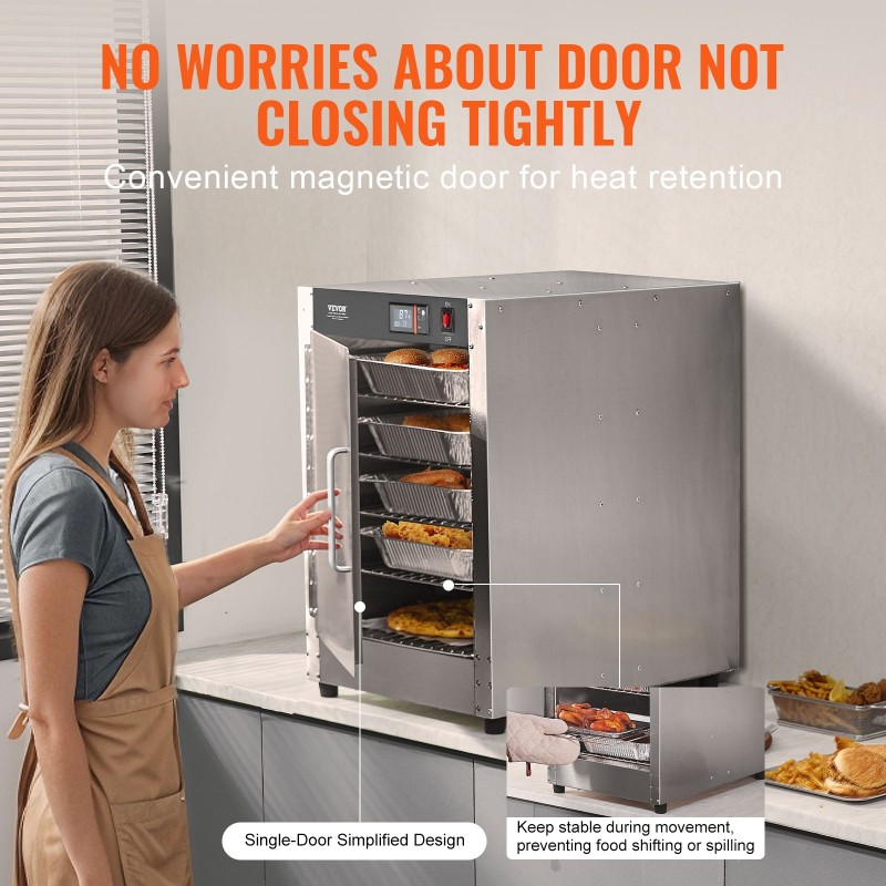 Ruostumattomasta teräksestä valmistettu 5-tasoinen ruokienlämmitinkaappi vesialtaalla säädettävällä lämpötilalla 80–177℉