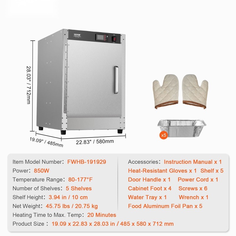 Ruostumattomasta teräksestä valmistettu 5-tasoinen ruokienlämmitinkaappi vesialtaalla säädettävällä lämpötilalla 80–177℉