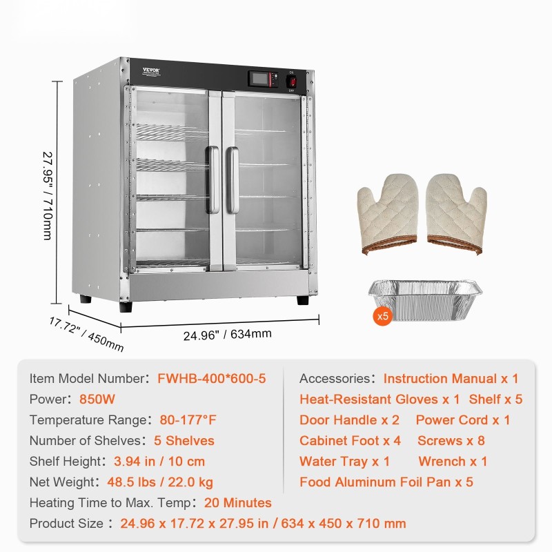 5-tasoinen ruokienlämmityskaappi ruostumatonta terästä lasisilla ovilla ja säädettävillä hyllyillä vesisäiliöllä