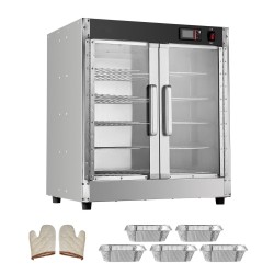 5-tasoinen ruokienlämmityskaappi ruostumatonta terästä lasisilla ovilla ja säädettävillä hyllyillä vesisäiliöllä