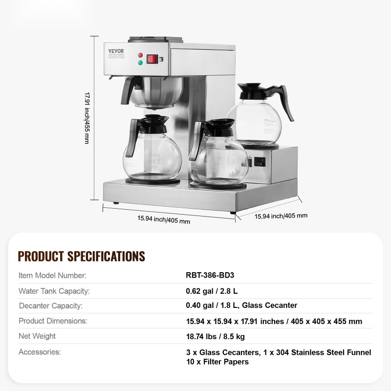 Suodatinkahvinkeitin ruostumattomasta teräksestä ammattikäyttöön 3 lasikannua 3 lämpölevyä