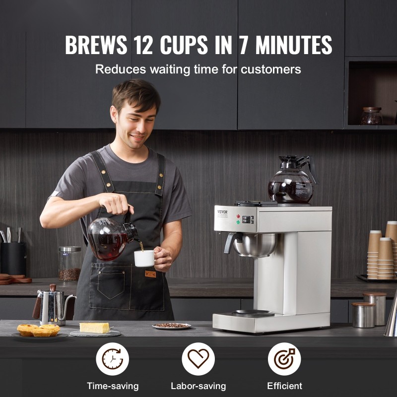 Kaupallinen suodatinkahvinkeitin ruostumaton teräsrunko 12 kupin 2 lasikannua 2 lämmityslevyä