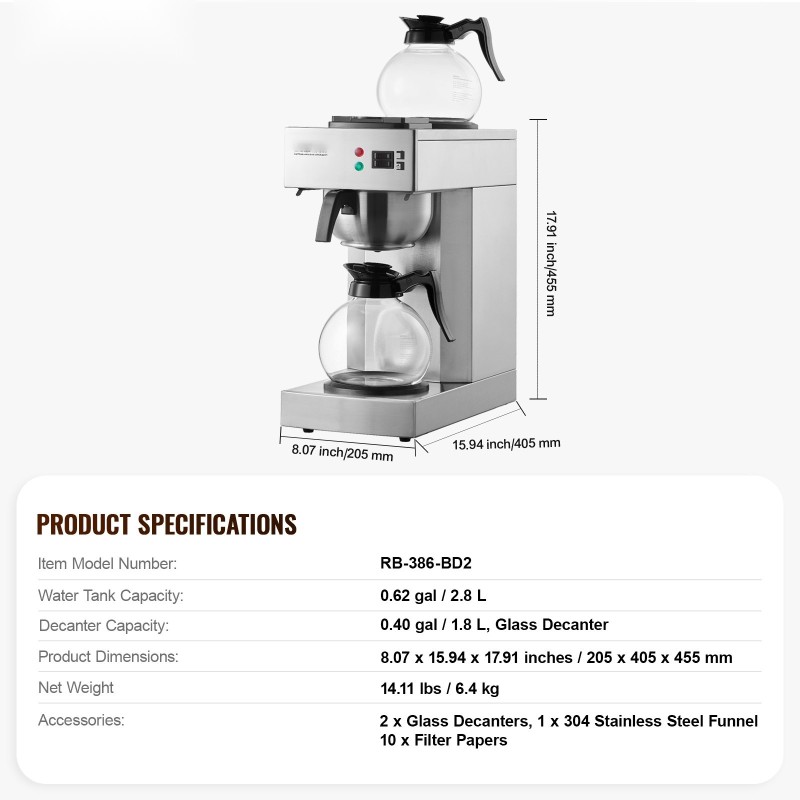 Kaupallinen suodatinkahvinkeitin ruostumaton teräsrunko 12 kupin 2 lasikannua 2 lämmityslevyä