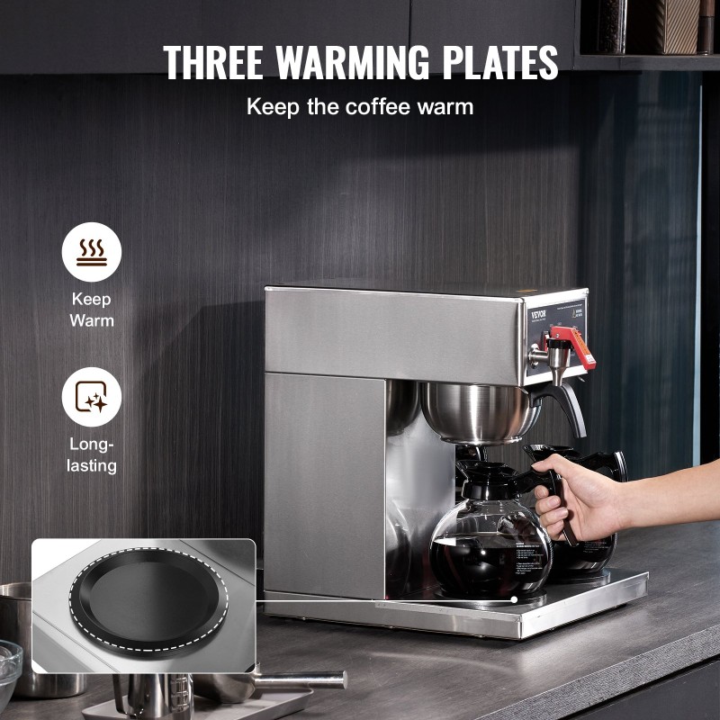 Suodatinkahvinkeitin 12 kupin 3 lasikannulla ja 3 lämmityslevyllä ruostumattomasta teräksestä