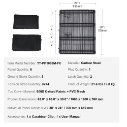 Metallinen lemmikkiaita 8 paneelia 1600x1600x760 mm pohjamatolla ja yläosalla